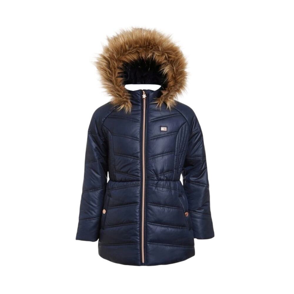 TOMMY HILFIGER Toddler Girls Blue Fur-Trim Hooded Chevron Puffer Jacket- 4T
